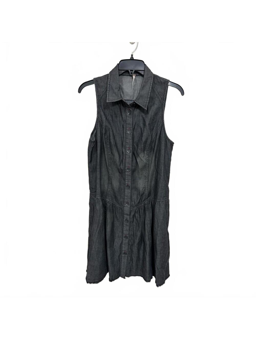 Free People Black Wash Denim Distressed Mini Sleeveless Button Up Dress Medium - Picture 3 of 8